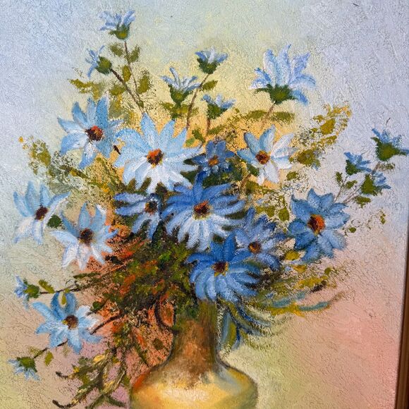 Impressionist Flower Painting By M Cusack Blue Daisies Impasto Vintage Framed - Picture 3 of 12